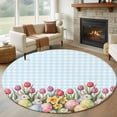 thumbnail image 1 of Easter Round Rug 6ft Washable Circle Kitchen Rugs Non Slip Spring Bunny Colorful Eggs Tulip Flowers Blue Check Large Area Rug Indoor Floor Carpet for Bedroom Living Room Home Office Dining Room, 1 of 8