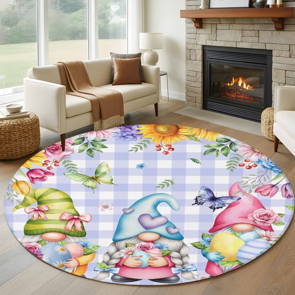Easter Round Rug 6ft Washable Circle Kitchen Rugs Non Slip Watercolor Gnomes Eggs Flowers Butterflies Purple Plaid Large Area Rug Indoor Floor Carpet for Bedroom Living Room Home Office Dining Room