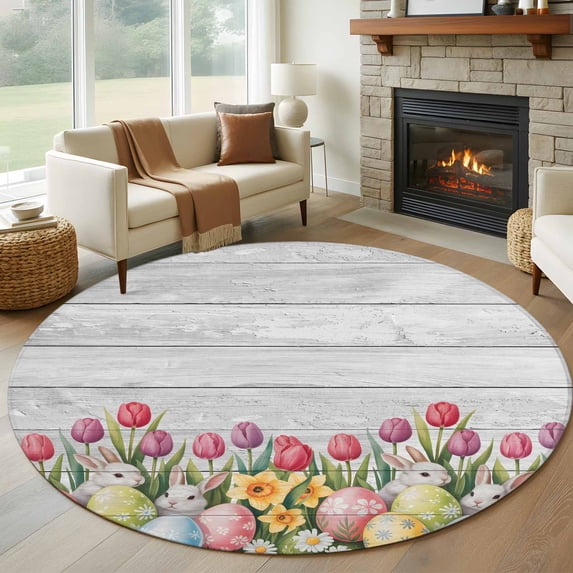 Easter Round Rug 7ft Washable Circle Rugs Non Slip Retro Spring Bunny Eggs Tulip Farm Wooden Grain Large Area Rug Indoor Floor Carpet for Bedroom Kitchen Living Room Home Office Dining Room Nursery