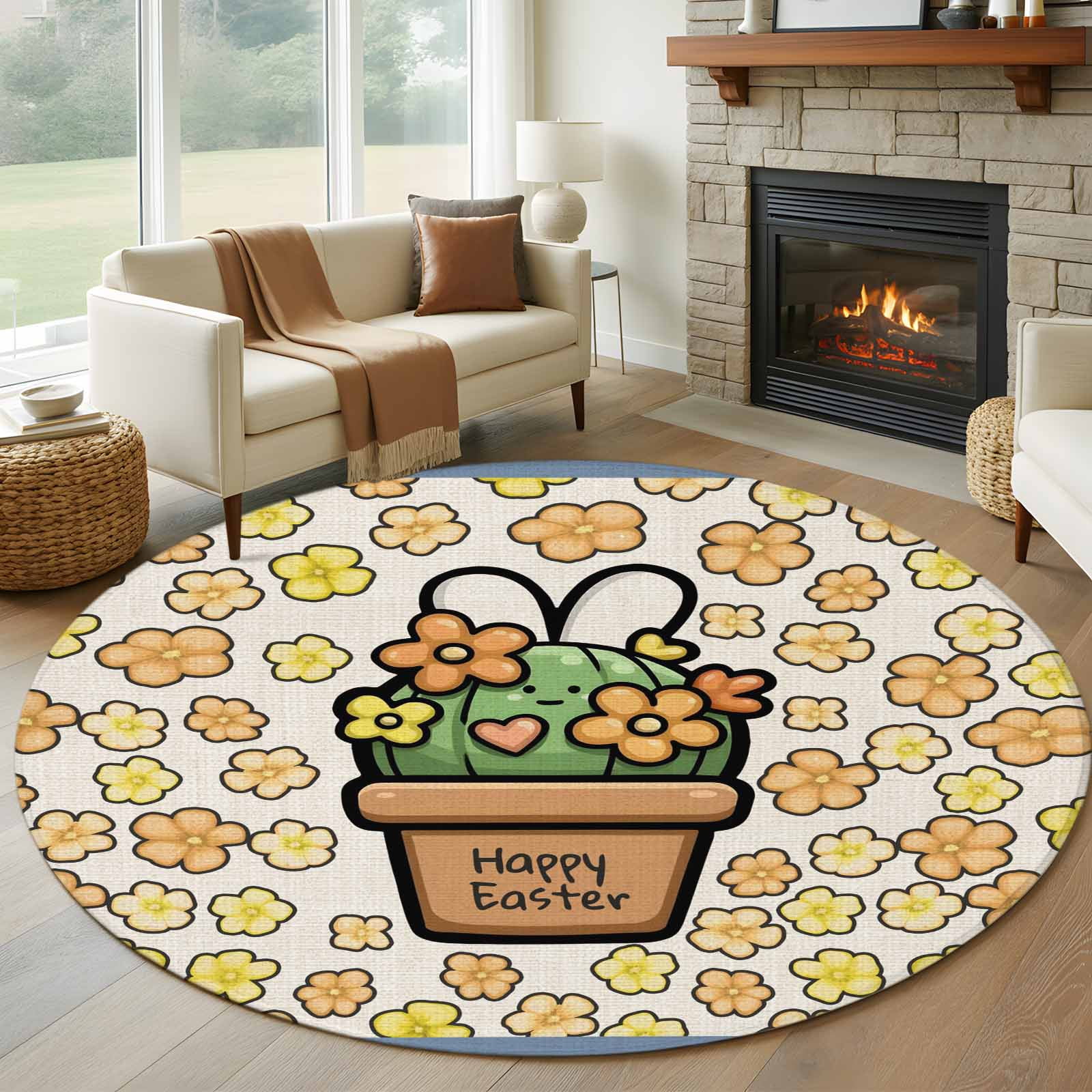 Easter Round Rug 8ft Washable Circle Rugs Non Slip Bunny Ears Spring ...