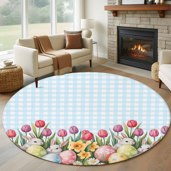 Easter Round Rug 8ft Washable Circle Rugs Non Slip Spring Bunny Colorful Eggs Tulip Flowers Blue Check Large Area Rug Indoor Floor Carpet for Bedroom Kitchen Living Room Home Office Dining Room