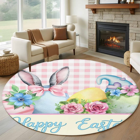Easter Round Rug 8ft Washable Circle Rugs Non Slip Spring Watercolor Bunny Eggs Flowers Pink Plaid Large Area Rug Indoor Floor Carpet for Bedroom Kitchen Living Room Home Office Dining Room Nursery