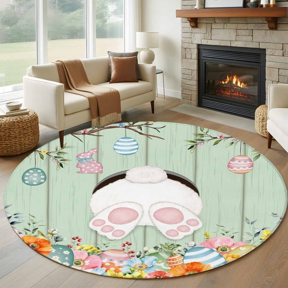 Easter Round Rug 8ft Washable Circle Rugs Non Slip Spring Watercolor Bunny Eggs Wooden Grain Green Large Area Rug Indoor Floor Carpet for Bedroom Kitchen Living Room Home Office Dining Room Nursery