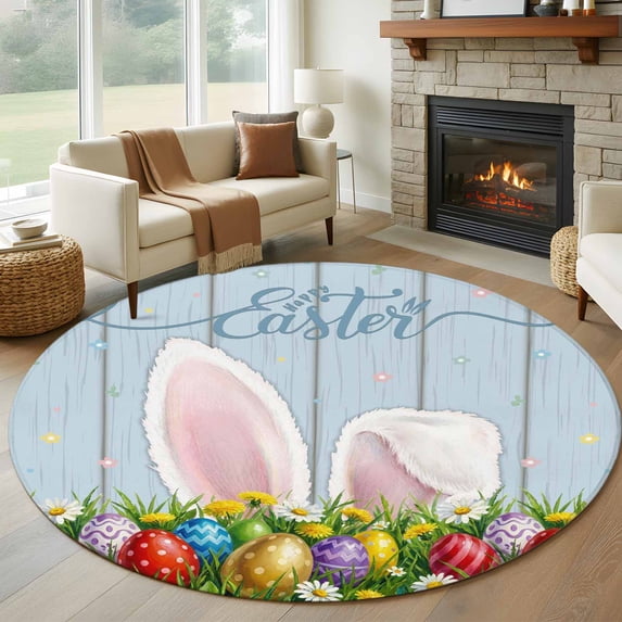 Easter Round Rug 8ft Washable Circle Rugs Non Slip Wooden Bunny Colorful Eggs Spring Floral Retro Art Large Area Rug Indoor Floor Carpet for Bedroom Kitchen Living Room Home Office Dining Room