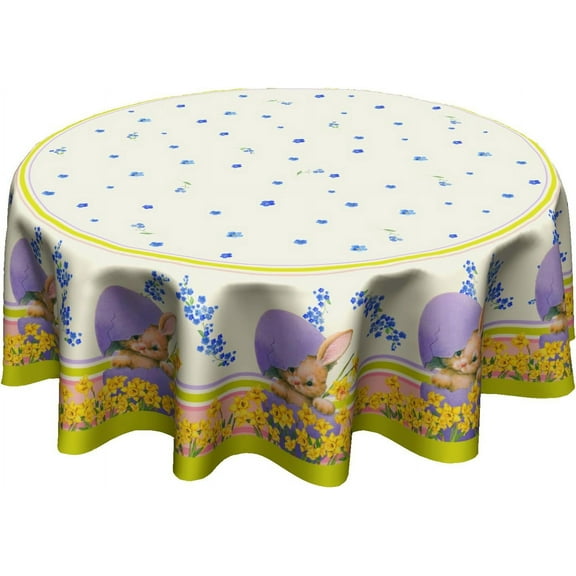 Easter Round Tablecloth 60 Inch - Happy Easter Bunny Eggs Table Cloth Rabbit Table Cover Spring Flowers Tablecloth Reusable for Kitchen Dining Picnic Party