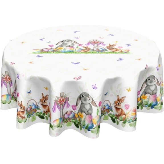 Easter Round Tablecloth 60 Inch Watercolor Bunny Egg Floral Butterfly Spring Decorative Polyester Table Cloth Cover Rustic Farmhouse for Holiday Party Kitchen Dinner