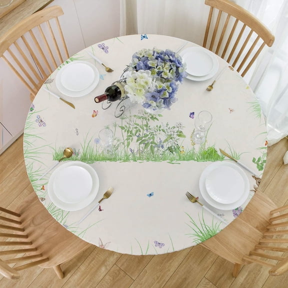 Easter Round Tablecloth 60x60 Inch Spring Floral and Meadow Bunny Table Cloths Spill Proof Wrinkle Table Cloth for Kitchen Dining Decoration Holiday Parties