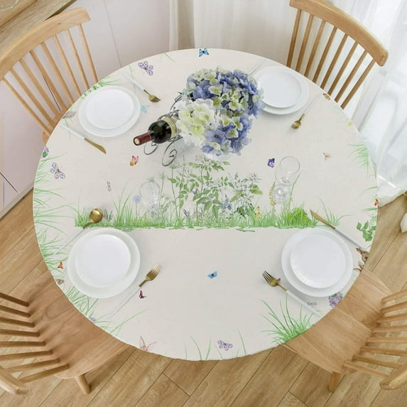 Easter Round Tablecloth 60x60 Inch Spring Floral and Meadow Bunny Table Cloths Spill Proof Wrinkle Table Cloth for Kitchen Dining Decoration Holiday Parties
