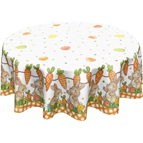 Easter Round Tablecloth 70 Inch Easter Bunny Carrot Egg Orange Buffalo Plaid Circle Table Cloth Seasonal Holiday Rustic Table Cover for Party Kitchen Dinner Home Decor