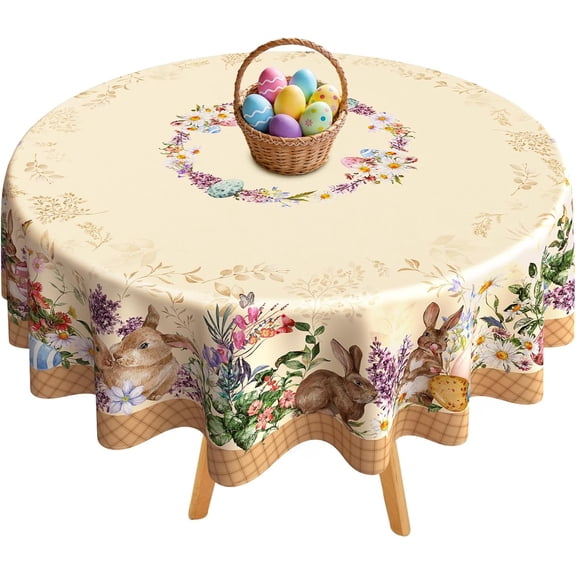 Easter Round Tablecloth 70" x 70" Waterproof Fabric Spring Flowers Bunny Table Cloths for Easter Indoor Outdoor Kitchen Dining Decorations