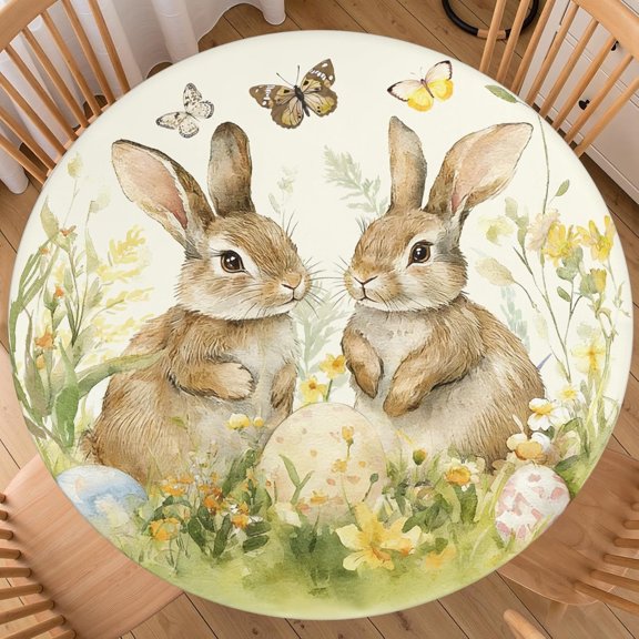Easter Round Tablecloth Best for 40"-44" Cute Bunny Fitted Table Cloth Spring Eggs Elastic Edge Washable Farmhouse Rustic Sage Green Floral Rabbit Spring Table Cover for Party Picnic Indoor Decor