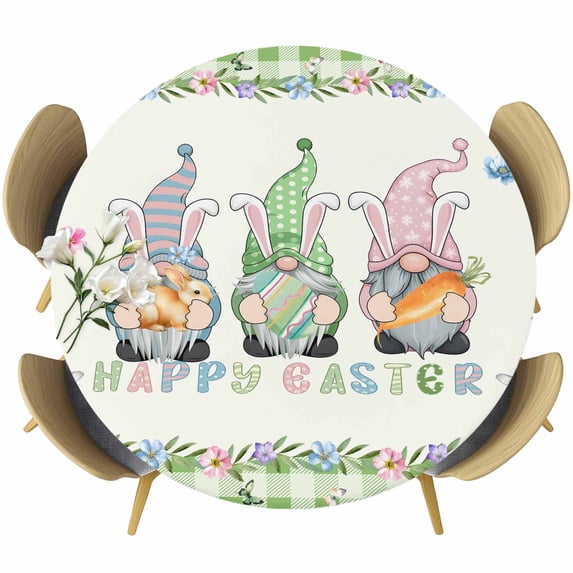 Easter Round Tablecloth, Fitted Table Cover with Elastic for 36"-44" Round Tables, Spring Gnomes Floral Bunny Eggs Green Lattice Table Cloth Outdoor Indoor Dinning Party Waterproof Tablecloths