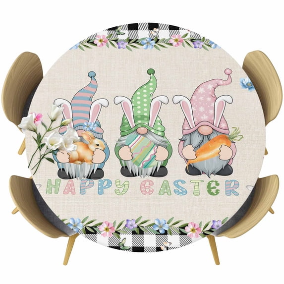 Easter Round Tablecloth, Fitted Table Cover with Elastic for 45"-54" Round Tables, Vintage Farmhouse Gnomes Bunny Colorful Eggs Flower Table Cloth Outdoor Indoor Dinning Party Waterproof Tablecloths