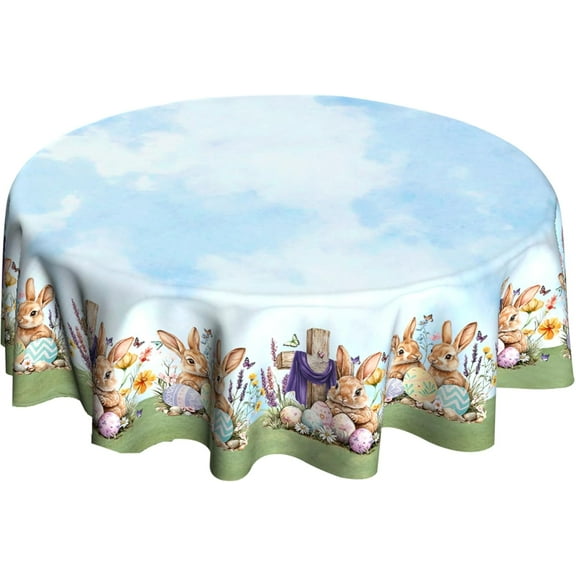 Easter Round Tablecloth Spring Table Cloth Rabbit Eggs Circle Table Cloths 60 in for Dining Room Kitchen Holiday Picnic Decor Bunny Blue Sky