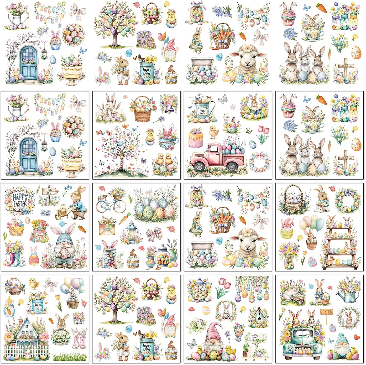 Easter Rub on Transfers for Crafts - 12 Pcs Easter Bunny Rub on Transfers for Furniture Vintage Flower Rabbit Transfer Decals for Wood DIY Glass Home Decor 5.9x5.9 Inch