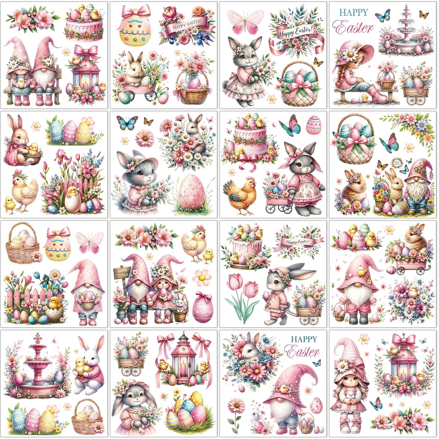 Easter Rub on Transfers for Crafts - 16 Pcs Bunny Gnome Rub on Transfers for Furniture Cute Rabbit Flower Egg Transfer Decals for Wood DIY Glass Home Decor 5.7x5.7 Inch