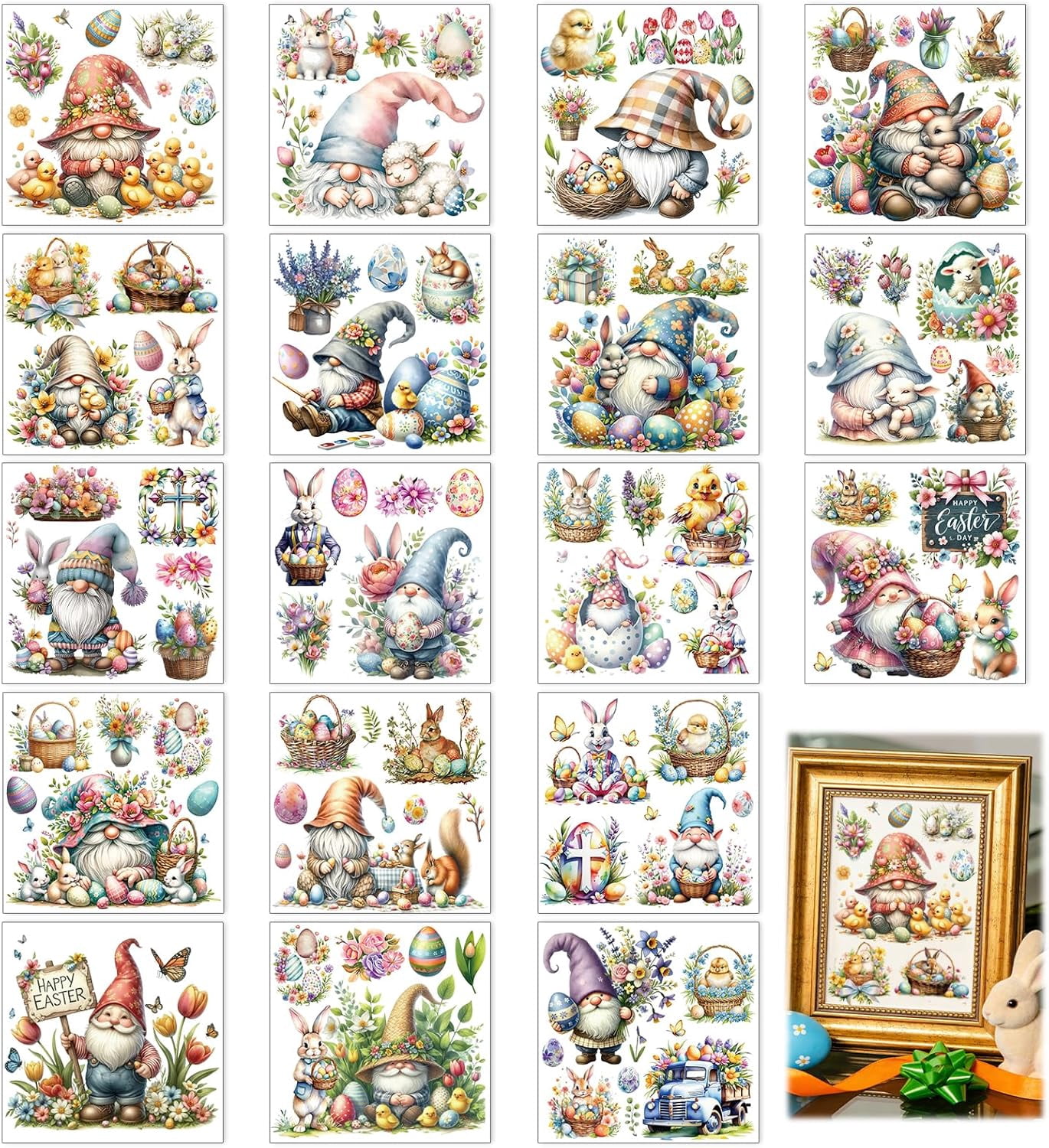 Easter Rub on Transfers for Crafts - 18 Pcs Bunny Gnome Rub on Transfers for Furniture Rabbit Egg Transfer Decals for Wood DIY Glass Home Decor 5.9x5.9 Inch