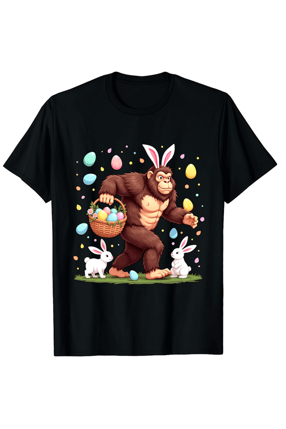 Easter Sasquatch Rabbit Ears Egg Basket Confetti Graphic Short Sleeve T-Shirt for Women Men Unique Cryptid Lover Sunday Tee