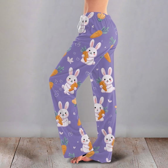 Easter Satin Pajama for Women Wide Leg Bunny Egg Print Loungewear Elastic Waist Festival Lounge Pants Drawstring Stretchy Cute with Pockets Pants, #294 Purple M