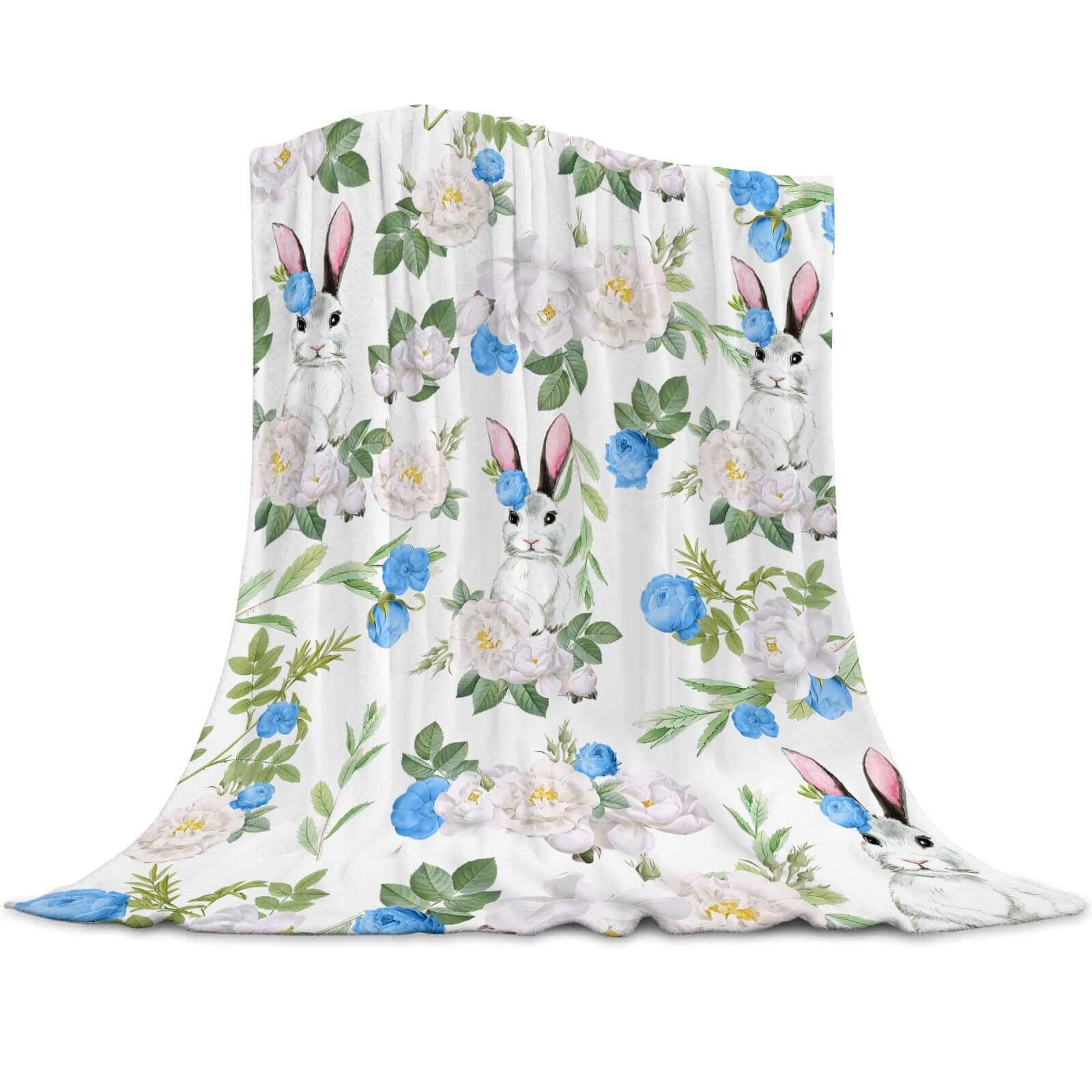 Easter Bunny Fleece Throw Blanket - 60x50 Inch, Lightweight Flannel, Pink Blue Green Yellow