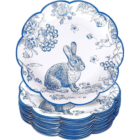 Easter Scalloped Paper Plates Blue Floral Bunny Disposable Plates Rabbit Flower Dinner Plates for Spring Party Supplies