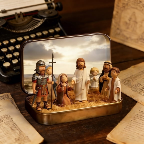 Easter Scene And Cross,He Is Risen Decor,Precious Moments Nativity Set,4×2inch Mini Easter Scene Set In Tin Box,Handcrafted Pocket Size Gift Tin, Resin Easter Sets & Figures For Home Gifts Decor (B)