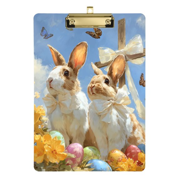 Easter Scene Rabbits in Front Cross Acrylic Clipboard Drawing Board with Hook Writing Pad File Storage A4 Size Gold 12.5" x 9"