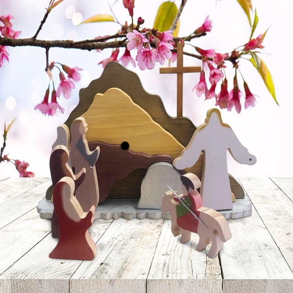 Easter Scene Wooden Decorations - Empty Tomb Easter Resurrection Scene Set and Cross Decoration - Religious Christian Jesus Nativity Decor for Home Table Office