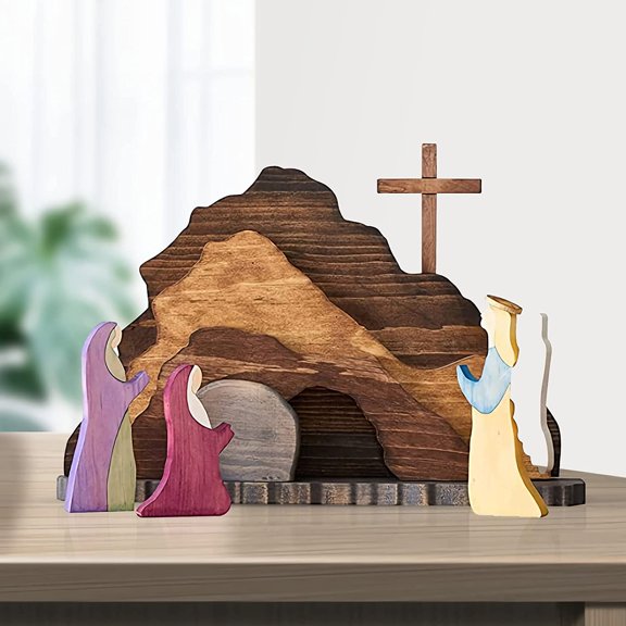 Easter Scene Wooden Decorations - Empty Tomb Easter Resurrection Scene Set and Cross Decoration - Religious Christian Jesus Nativity Decor for Home Table Office for JEWLALO
