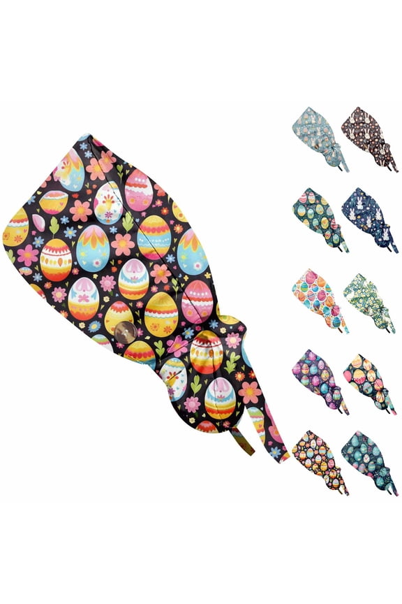 Easter Scrub Cap for Women Bunny Colorful Egg Print Adjustable Scrub Hats Blue