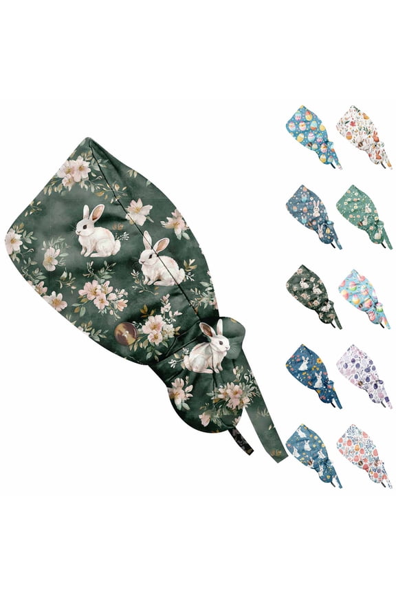 Easter Scrub Cap for Women Bunny Colorful Egg Print Adjustable Scrub Hats Bouffant Surgical Caps Ponytail Blue