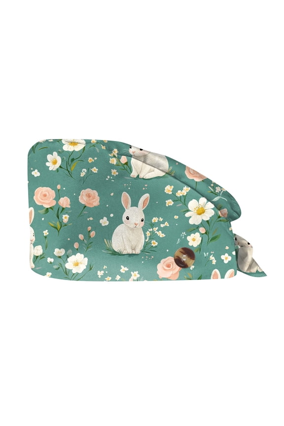 Easter Scrub Cap for Women Bunny Colorful Egg Print Adjustable Scrub Hats Bouffant Surgical Caps Ponytail Nurse Hat Green