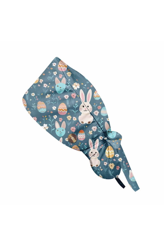 Easter Scrub Cap for Women Bunny Colorful Egg Print Adjustable Scrub Hats Ponytail Nurse Hat Blue