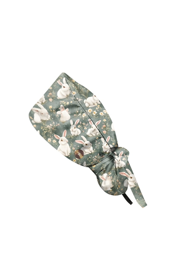 Easter Scrub Caps Women Bunny Colorful Eggs Print Nurse Hats with Sweatband Adjustable Tie Back Surgical Cap Green