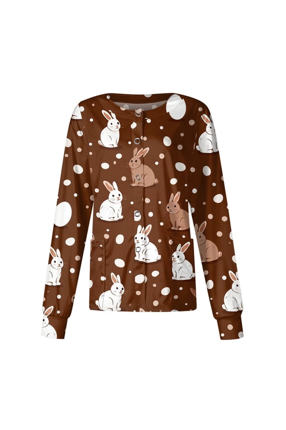 Easter Scrub Jackets Women Bunny Egg Print Long Sleeve Scrub Tops Crew Neck Quick Dry Nurse Uniform with Pocket Brown M