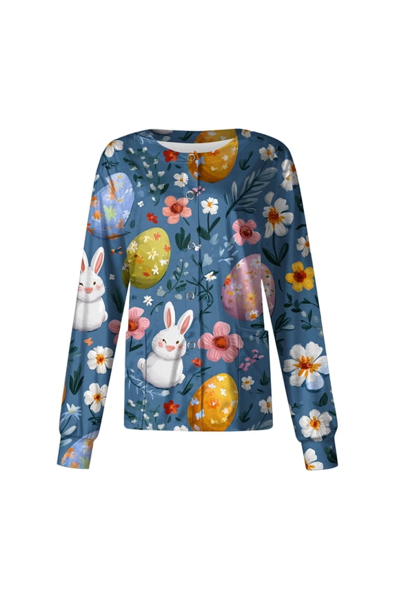 Easter Scrub Jackets Women Bunny Egg Print Long Sleeve Scrub Tops Crew Neck Stretchy Scrubs with Pocket Blue 2XL