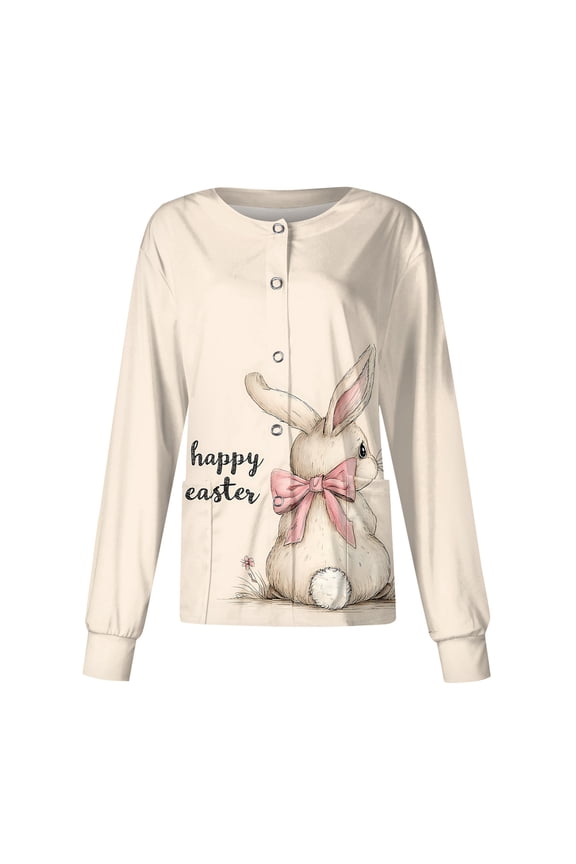 Easter Scrub Jackets Women Bunny and Eggs Printed Long Sleeve Nursing Top Crew Neck Cute Pattern Nurse Uniform with Pocket Beige 4XL