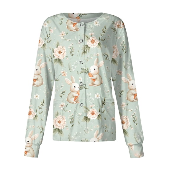 Easter Scrub Jackets for Woman Bunny Egg Print Long Sleeve Scrub Tops Crew Neck Medical Scrubs with Pocket Light Green 4XL