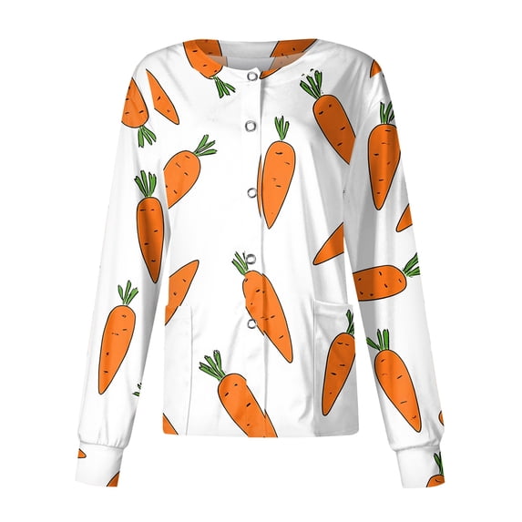 Easter Scrub Jackets for Woman Bunny and Eggs Printed Crew Neck Scrub Tops Long Sleeve Medical Nurse Uniform with Pocket Orange M