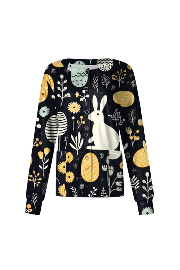 Easter Scrub Jackets for Woman Bunny and Eggs Printed Long Sleeve Nursing Top Crew Neck Cute Pattern Nurse Uniform with Pocket Black L