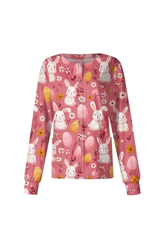 Easter Scrub Jackets for Woman Long Sleeve Snap Front Easter Cute Bunny Printed Jacket Scrubs Jacket Workwear Uniforms with Pockets