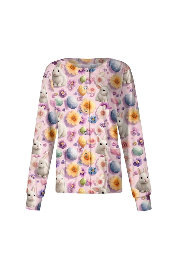 Easter Scrub Jackets for Women Snap Front Cute Bunny Graphic Long Sleeve Scrubs Jacket Nurse Uniforms Workwear Shirts with Pockets