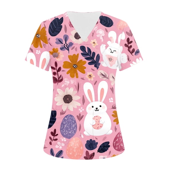 Easter Scrub Shirts for Women Short Sleeve Funny Bunny Print V Neck ...