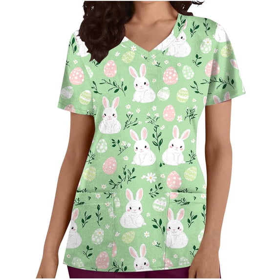 Easter Scrub Tops Women Bunny Egg Hunt Print Scrubs Short Sleeve Holiday Working Uniform with Pockets Pocket Scrub Shirt