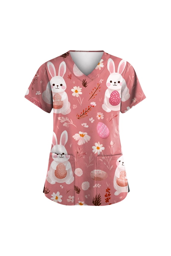 Easter Scrub Tops Women Casual V Neck Funny Rabbit & Egg Printed Scrub Shirts Loose Holiday Short Sleeve Scrubs Nursing Workwear Medical Nurse Uniform with Pockets Pink 2XL