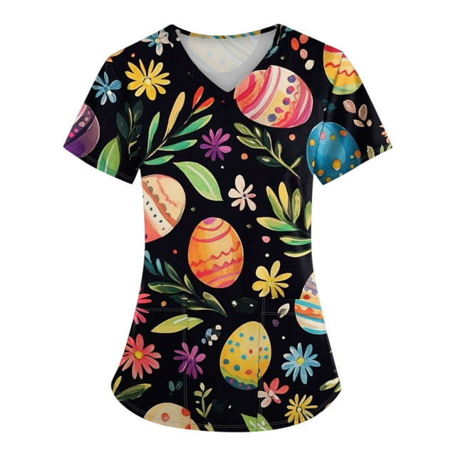 Easter Scrub Tops Women Cute Bunny And Eggs Printed Medical Scrubs Top Stretchy Plus Size V Neck Short Sleeve Nurse Uniforms with Pockets Orange XL