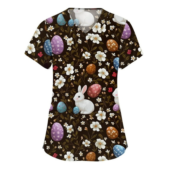Easter Scrub Tops Women Easter Bunny Eggs Printed Short Sleeve Medical Nurse Workwear Stretchy V Neck Festival Scrub Shirts