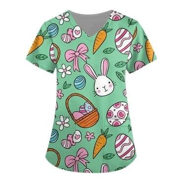Easter Scrub Tops Women Funny Cartoon Bunny Print Scrub Tops Short Sleeve Holiday Working Uniform with Pockets Green 2XL