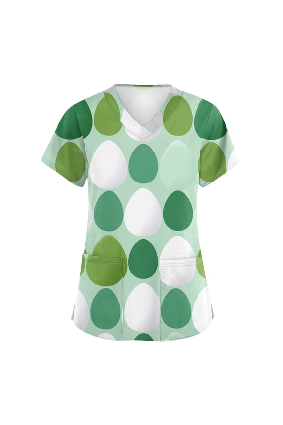 Easter Scrub Tops Women V Neck Rabbit Graphic Short Sleeve Shirts Loose Fit Dressy Nursing Uniforms Tops with Pocket, #01 Green, XL