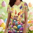 thumbnail image 1 of Easter Scrub Tops for Women Artistic Realistic Rabbit and Eggs Graphic V Neck Short Sleeve Professional Medical Uniform with Pockets Holiday Workwear, 1 of 6